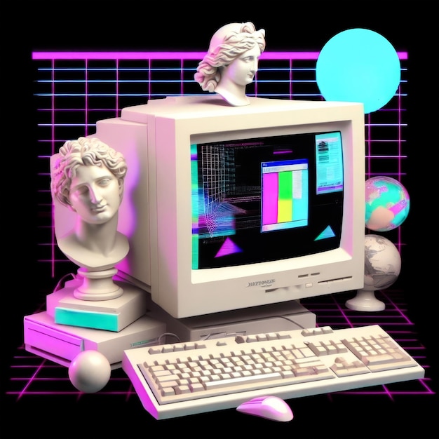 Retro personal computer in luce neon rendering 3d immagine generata da computer