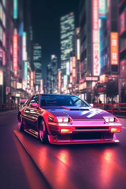 Retro Revival Auto d'epoca su Tokyo Street che abbraccia l'estetica Retrowave generata dall'intelligenza artificiale