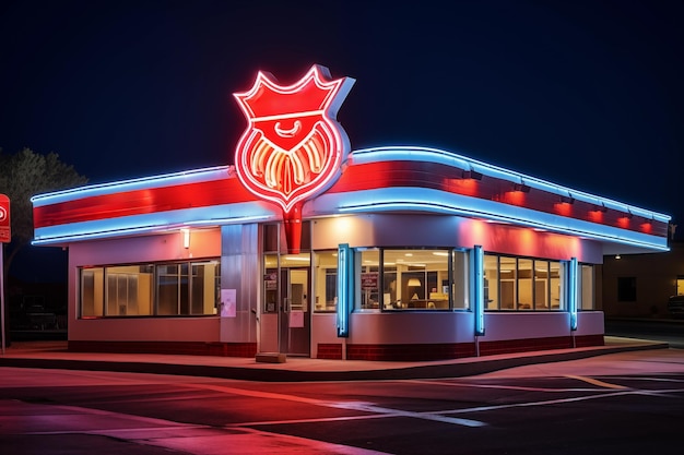 Retro road cafe con illuminazione al neon di notte AI generativa
