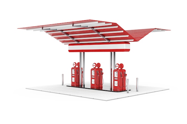 Retro stazione di benzina o di benzina su sfondo bianco. Rendering 3D