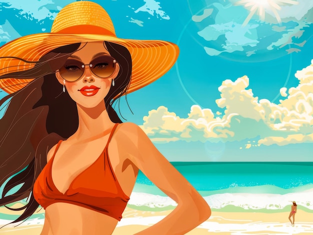 Retro vintage anni '70 donna sulla spiaggia illustrazione con colori vivaci