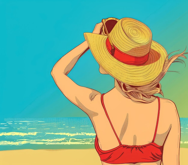 Retro vintage anni '70 donna sulla spiaggia illustrazione con colori vivaci