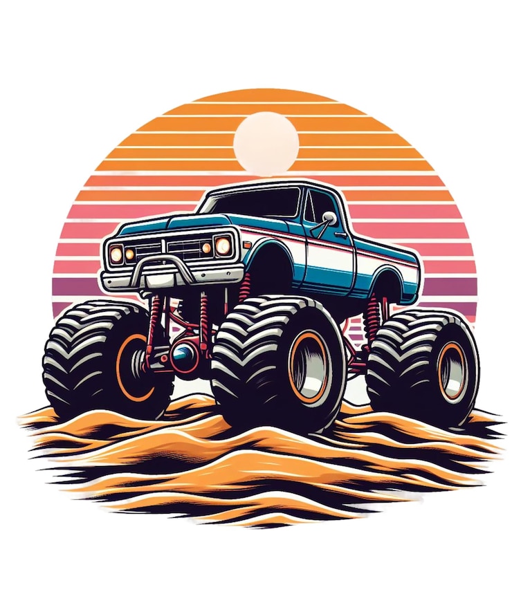Foto retro vintage monster truck con ruota di mostro su di esso