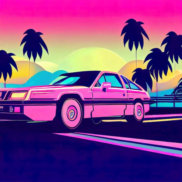 Retro wave car synthwave stile anni '80 art