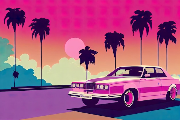 Retro wave car synthwave stile anni '80 art