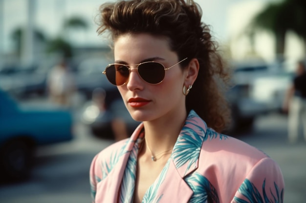 Retro wave vice Miami fashioned woman Sunset scene in Miami of 80's Synth wave Outrun Nostalgia Fashion Look Book Generative ai