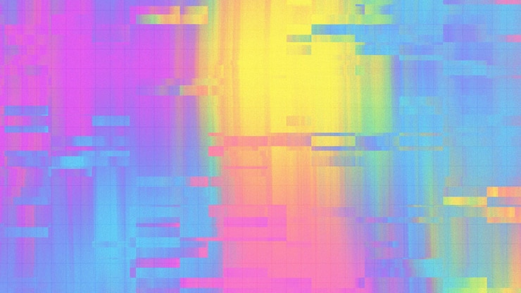 Photo retro y2k glitch yellow pink blue gradient background with a grid