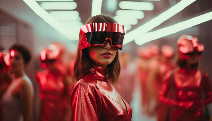 Retrofuturistic photo of party in futuristic fashion