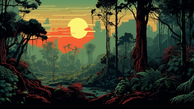 Retrofuturistica scena della giungla cyberpunk al tramonto