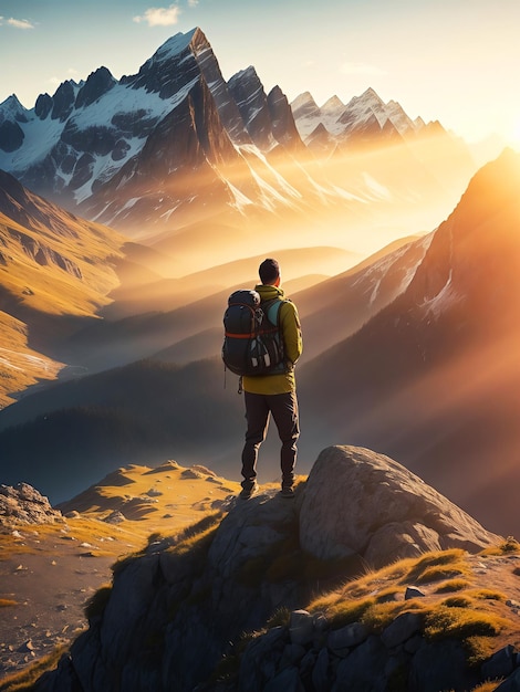 Retroilluminato di un uomo in piedi sulla vetta che osserva il paesaggio montano creato con la tecnologia dell'intelligenza artificiale generativa