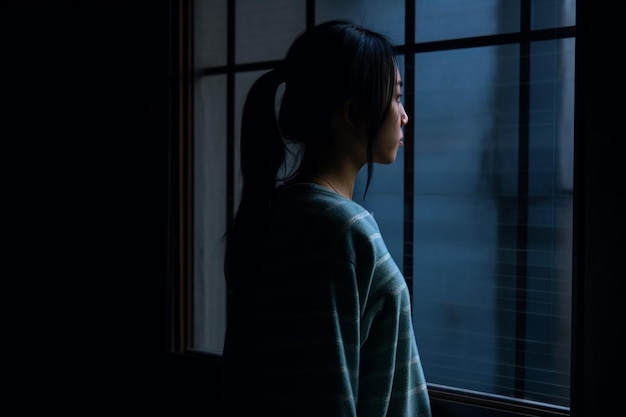 retrovisione della donna cinese asiatica sola che sta nell'oscurità dietro la finestra che guarda