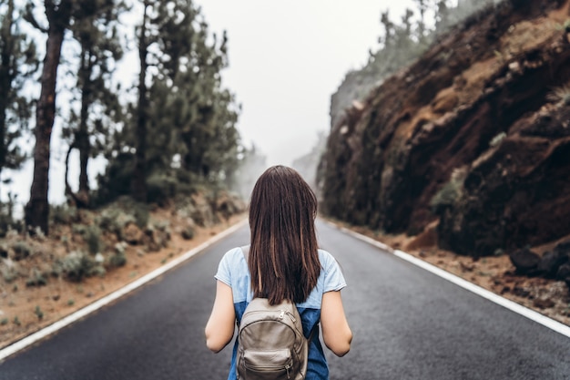 Retrovisione della ragazza castana dei capelli lunghi che cammina sulla strada nebbiosa nelle montagne