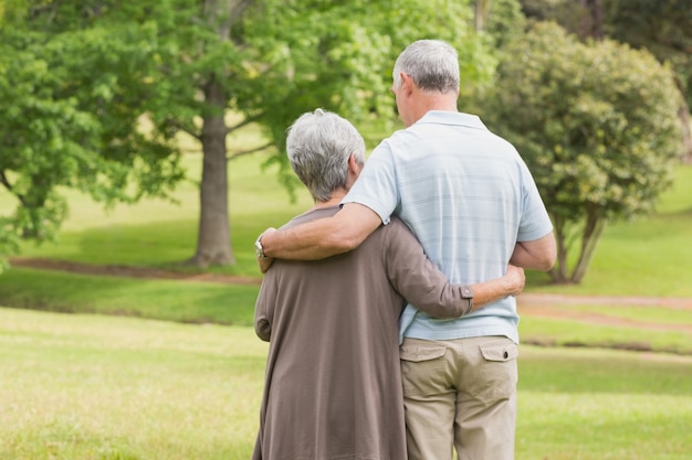 Retrovisione delle coppie senior con le armi intorno al parco