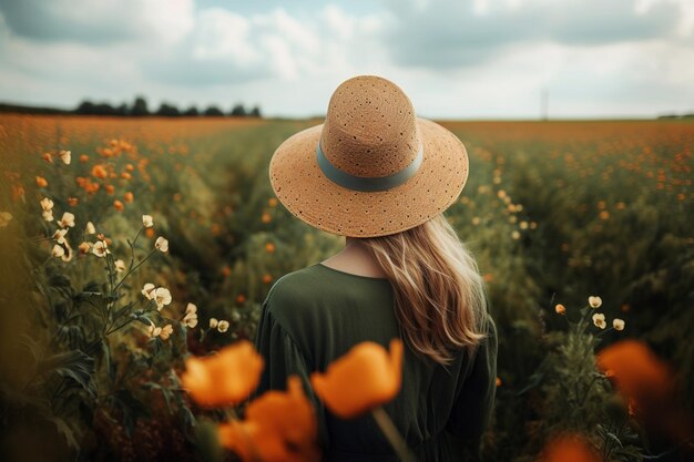 Retrovisione di bella giovane donna in vestito verde e cappello nel campo dei fiori arancioni nella libertà e nel rilassamento della natura Generative AI