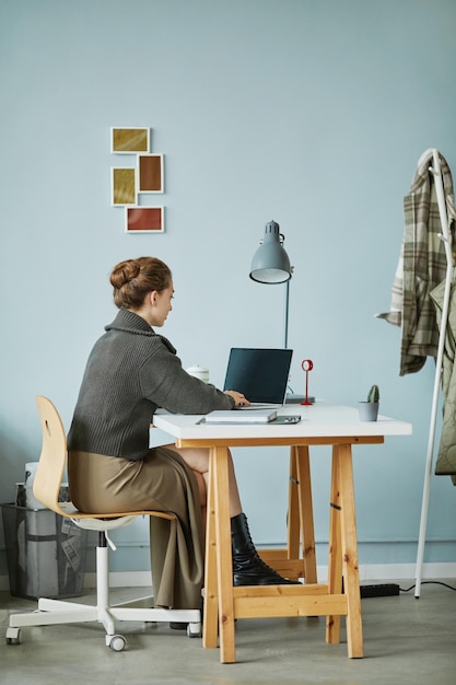 Retrovisione di giovane imprenditrice che lavora al computer portatile al tavolo in ufficio