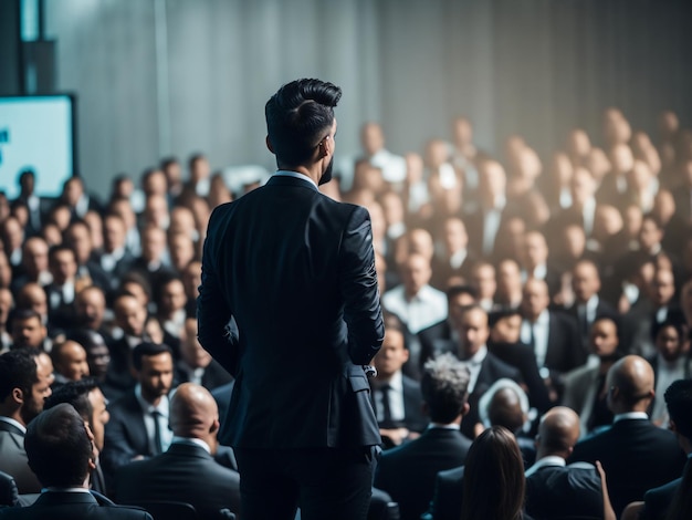 retrovisione di giovane uomo d'affari riuscito alla sala di conferenza di affari con la presentazione pubblica