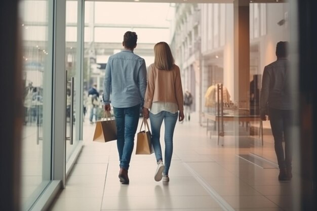 Retrovisione di giovani coppie casuali che si muovono lungo la vetrina nel centro commerciale