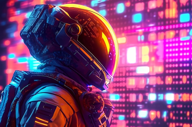 Retrowave Illustrazione al neon di un uomo che indossa una tuta spaziale che accede al terminale virtuale Interfaccia dati aliena esploratore astronauta Generativo ai