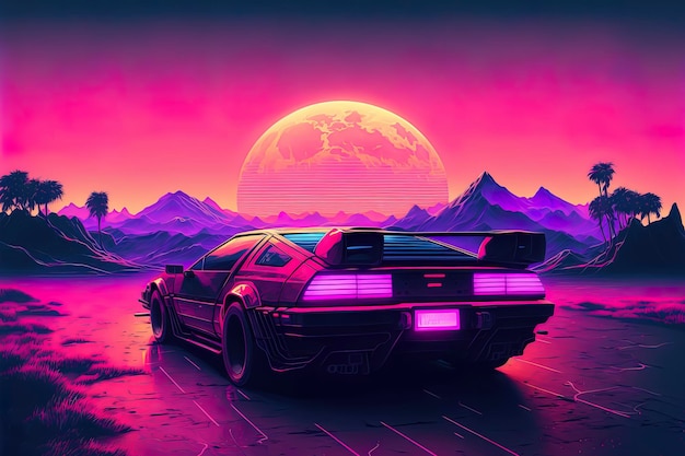 Retrowave illustrazione vintage synthwave sfondo viola IA generativa