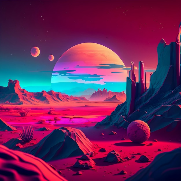 Retrowave Mars paesaggio Illustrazione in stile vintage