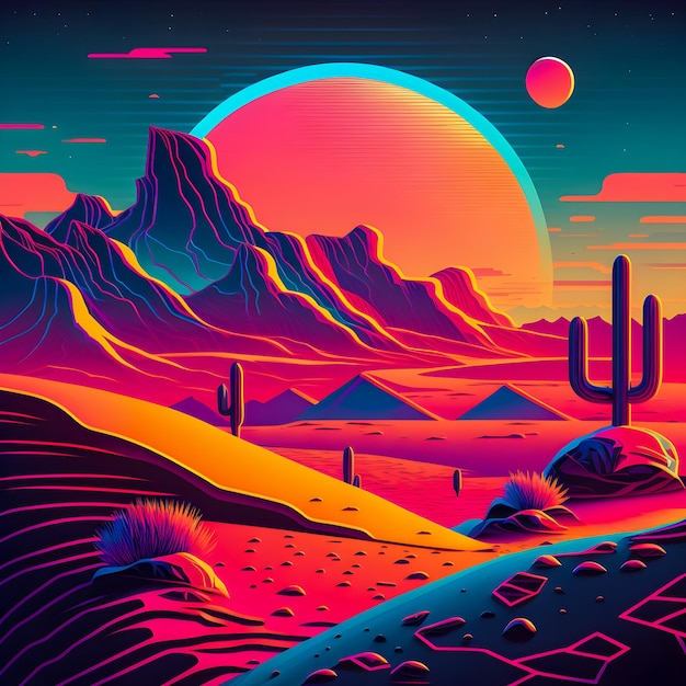 Retrowave Mars paesaggio Illustrazione in stile vintage