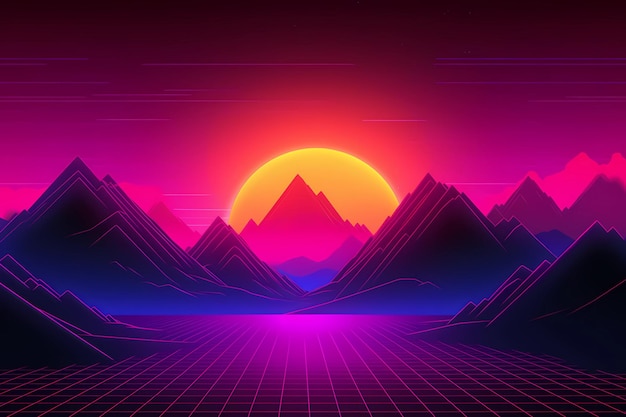 Retrowave o synthwave stile poster sfondo sfondo notte griglia poster generativa ai