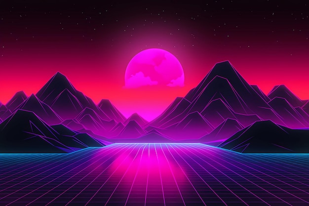 Retrowave o synthwave stile poster sfondo sfondo notte griglia poster generativa ai