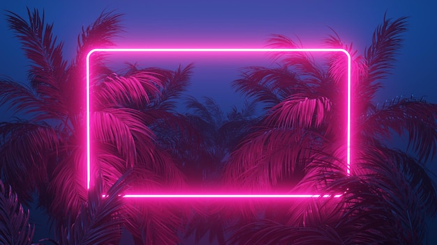 Retrowave Tropical Scene Palms e Glowing Frame 3d render