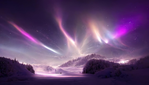 Riassunto dell'aurora in una foresta fantastica con luce viola in scandinavo