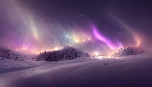 Riassunto dell'aurora in una foresta fantastica con luce viola in scandinavo