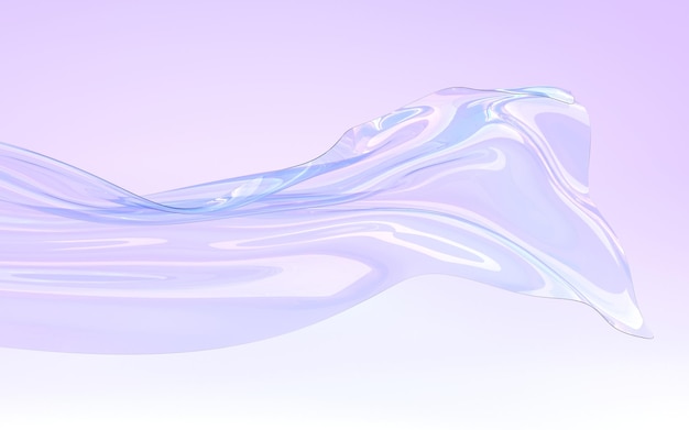 Ribbon di vetro iridescente volante o ondata d'acqua 3D render Holographic forma trasparente con consistenza gradiente in movimento forma cristallina o plastica astratta su sfondo geometrico viola