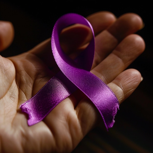 Ribbone di colore viola con sfondo colorato per la consapevolezza del cancro