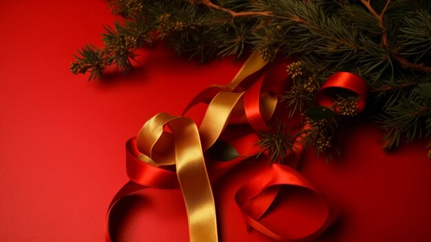Ribboni rossi e dorati a forma di petali su un ramo rosso dell'albero di Natale