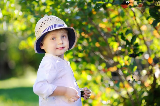 Ribes nero alla moda sveglio del ragazzo del bambino in giardino domestico