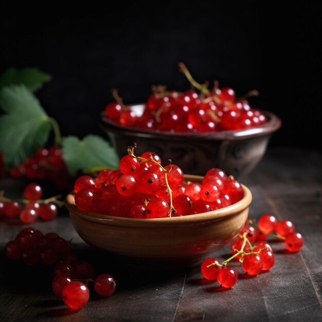 Ribes rosso in una ciotola con foglie verdi