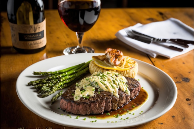 Ribeye alla griglia con purè di patate, asparagi e un bicchiere di vino rosso Generative AI