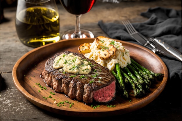 Ribeye alla griglia con purè di patate, asparagi e un bicchiere di vino rosso Generative AI