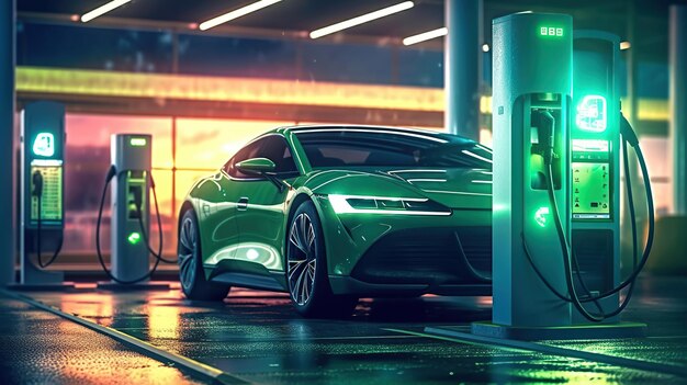 Ricarica dell'auto elettrica sull'illustrazione della stazione Veicolo EV incandescente al neon verde che riempie una batteria Ibrido moderno Generative ai