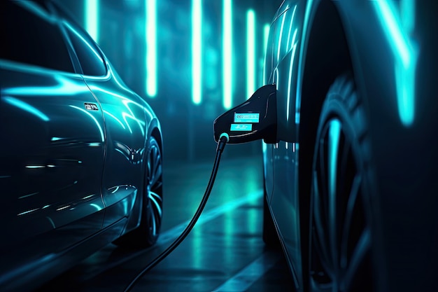 Ricarica della batteria dell'auto elettrica alla stazione Eco-friendly per l'ambiente Generativo Ai