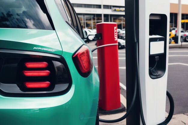 Ricarica della moderna batteria per auto elettrica sulla strada dell'alimentazione collegata a un'auto elettrica