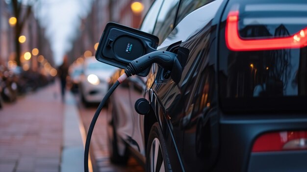 Ricarica delle auto elettriche presso stazioni di ricarica in città futuro delle auto a energia eco-sostenibile