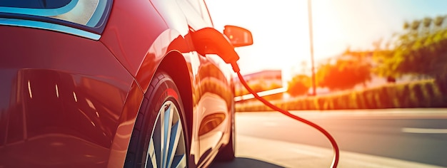 Ricarica di un'auto elettrica moderna rossa in una strada cittadina sulla stazione di ricarica sullo sfondo del tramonto