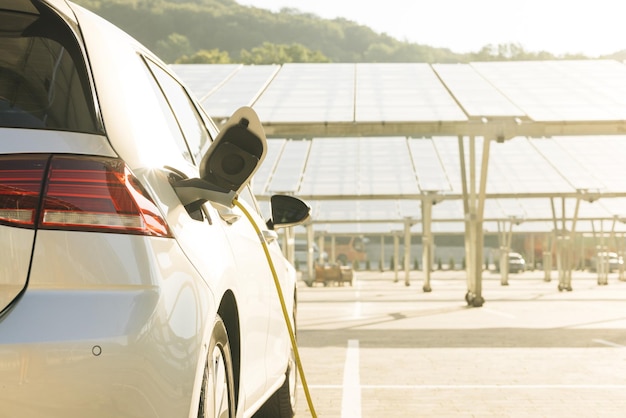 Ricarica di veicoli elettrici per auto elettriche utilizzando pannelli solari a energia rinnovabile sul concetto di energia verde