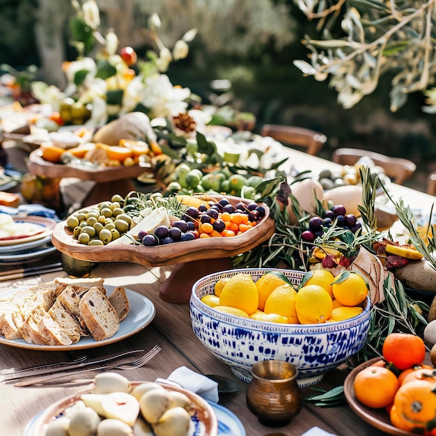 Ricca tavola Weddind nel Mediterraneo Varietà di frutta olive formaggi