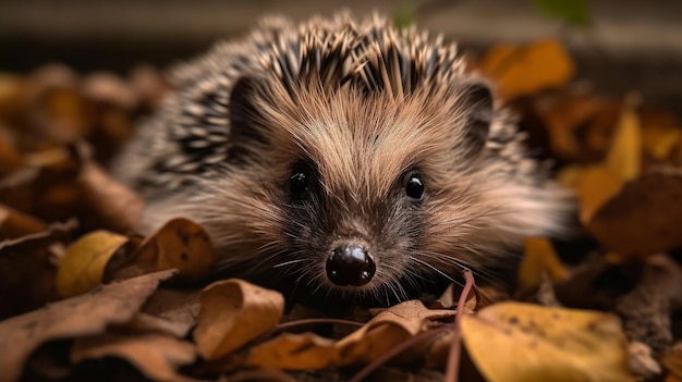 Riccio sveglio del primo piano nella foresta di autunno