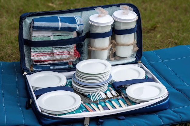 Ricco di elementi essenziali per il picnic, inclusi piatti, bicchieri, utensili, tovaglioli
