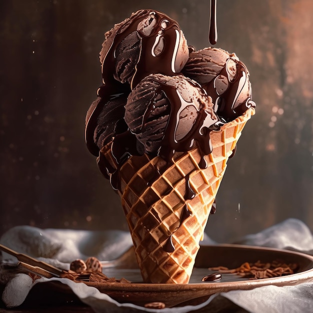 Ricco gelato al cioccolato cono waffle Immagine AI generativa