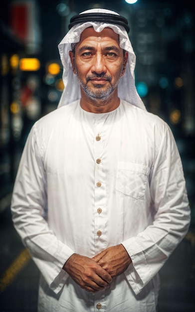 Ricco uomo d'affari arabo in abito bianco tradizionale in fondo alla strada notturna AI generativa
