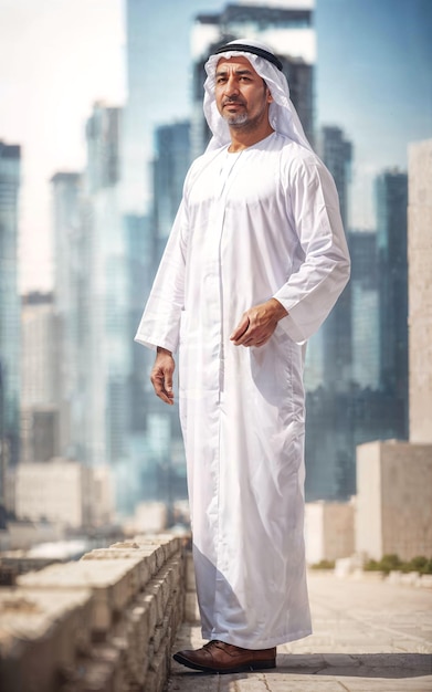 Ricco uomo d'affari arabo in abito bianco tradizionale in una grande città sullo sfondo dell'IA generativa