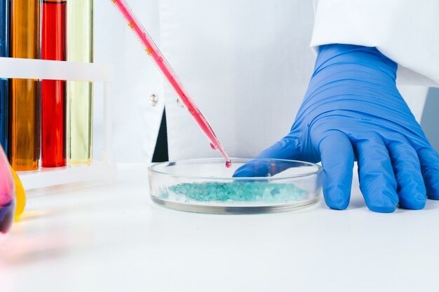 Ricerca chimica in capsule di Petri condotta da uno scienziato da vicino
